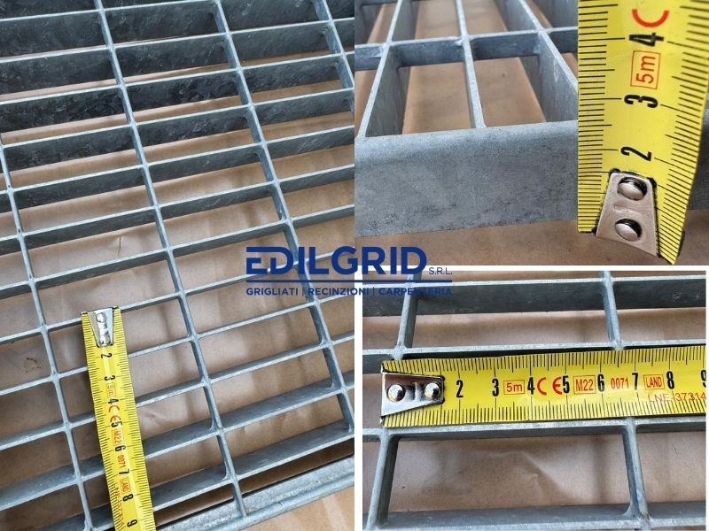 Scheda tecnica e dettagli costruttivi grigliato zincato per canaletta di scolo piatto 25x2 mm maglia 22x66 mm.